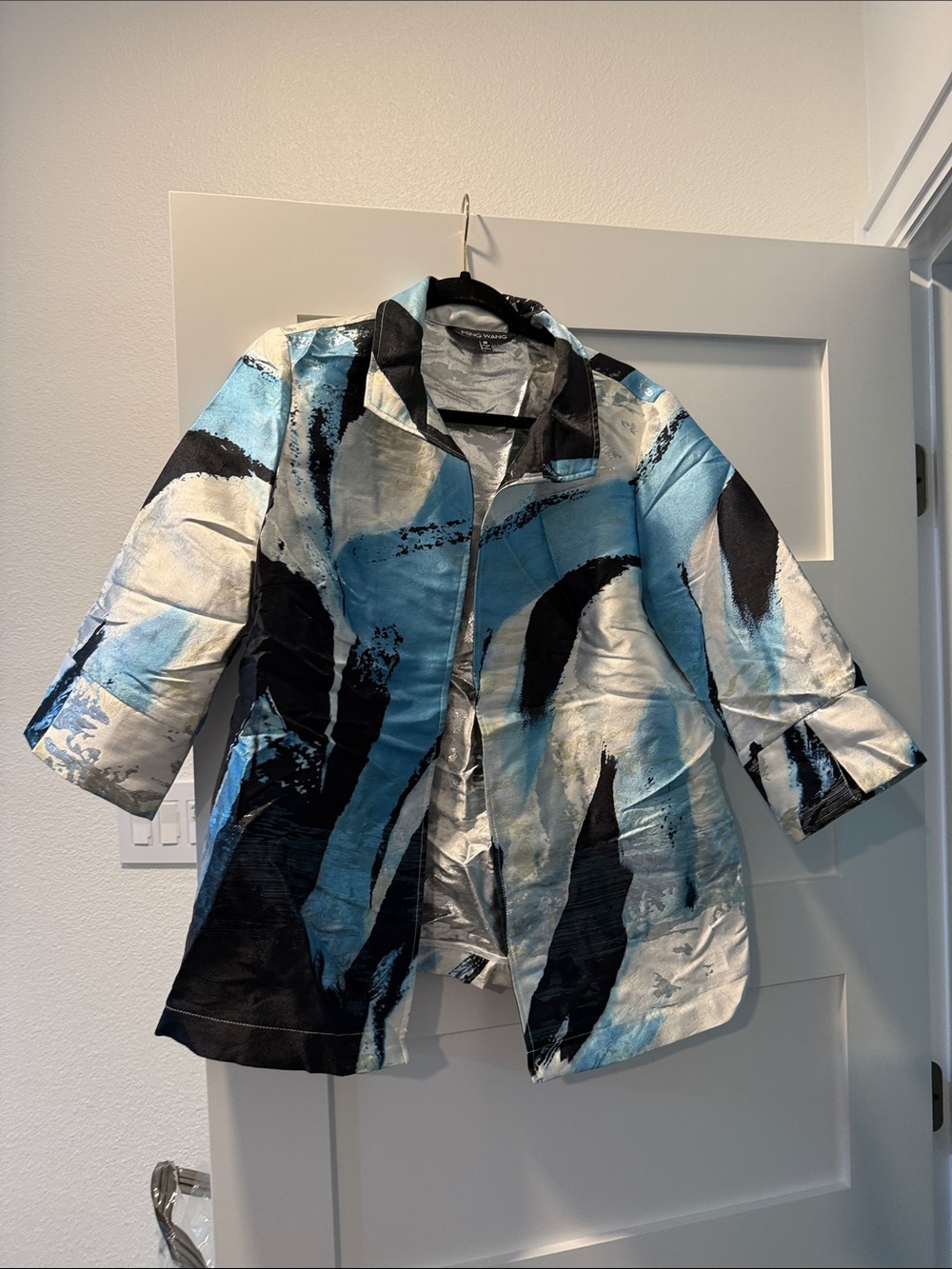 Ming Wang Abstract Blue, Black & White Open-Front Jacket